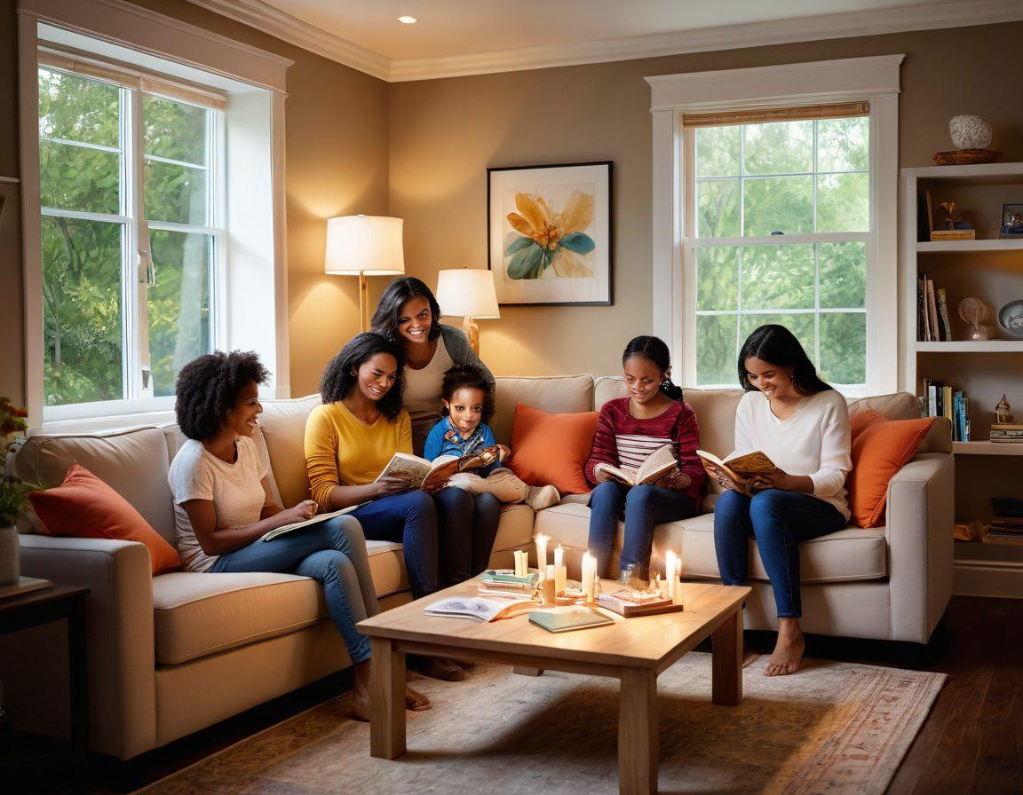 A warm, inviting family scene in a cozy living room filled with laughter and love. Parents are engaged with their children in various activities like reading, playing games, and chatting. A couple shares a tender moment, emphasizing relationship strength and harmony. The environment is full of happiness, warmth, and connection. super-realistic. vibrant colors.