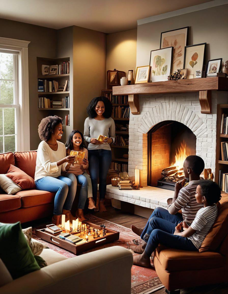 An illustration of a diverse family gathered around a cozy living room, engaging in various bonding activities like playing board games, reading stories, and sharing laughter. There is a warm, inviting fireplace in the background with framed family photos on the mantle, and a bookshelf filled with resources for family activities. The room is bathed in soft, golden light, creating an atmosphere of love and togetherness. super-realistic. vibrant colors. cozy ambiance.